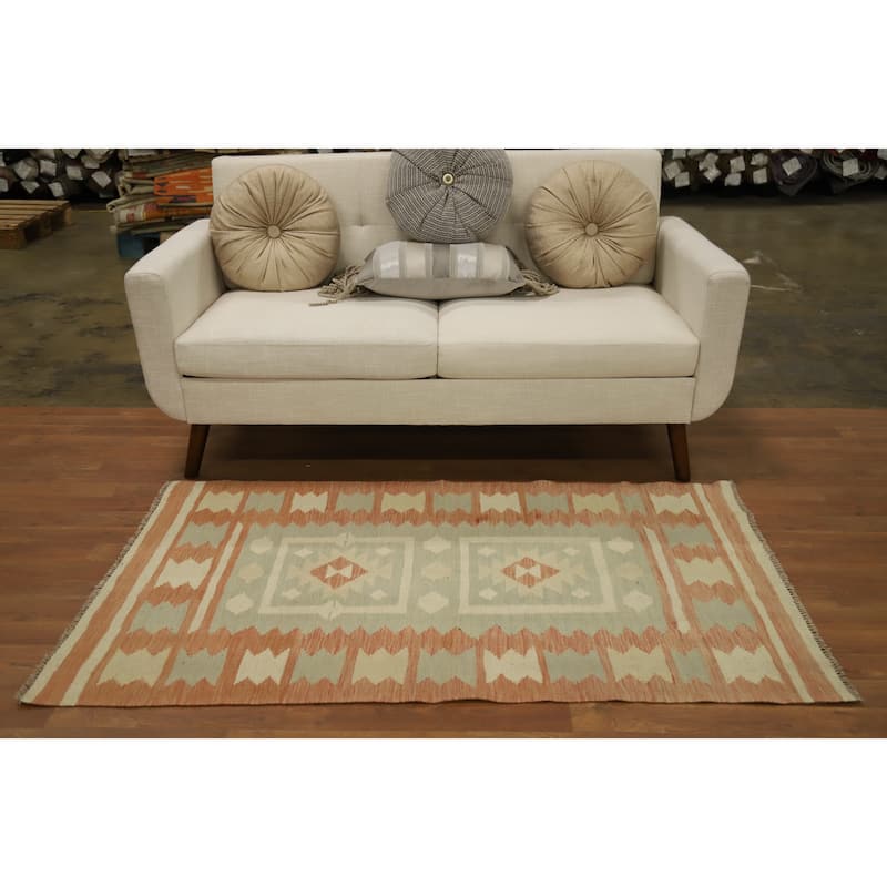 Hand Woven Oriental 100% Wool Carpet Southwestern Tribal Green Kilim Area Rug - 5' 3'' X 3' 0''