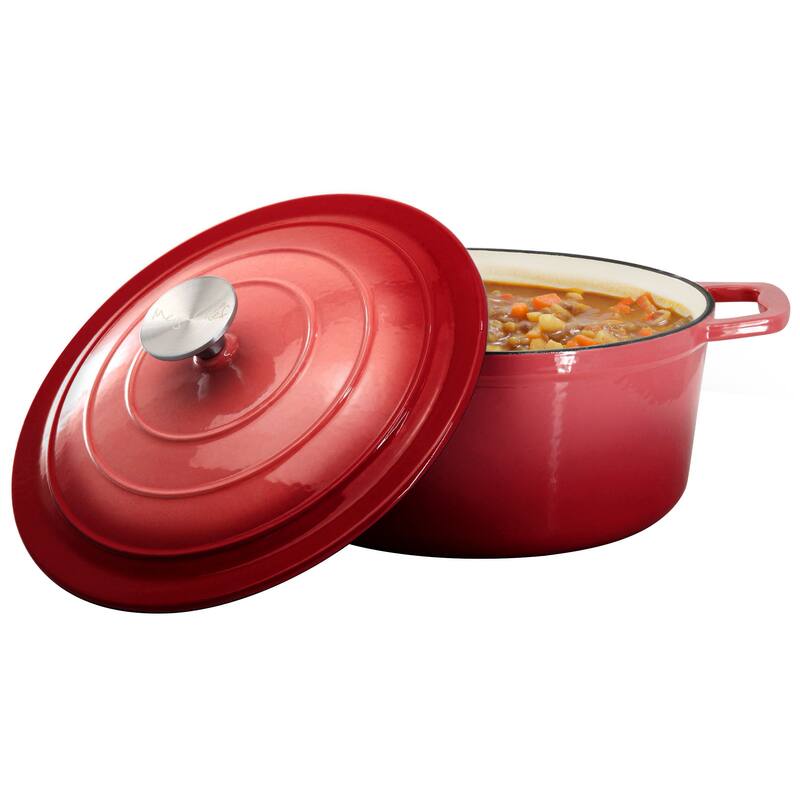 Enameled Cast Iron Casserole Dish with Lid 5 Quart Capacity in Red
