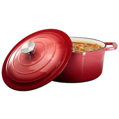Enameled Cast Iron Casserole Dish with Lid 5 Quart Capacity in Red