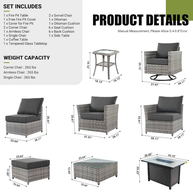 XIZZI 10-piece Patio Wicker Furniture Set with Fire Pit