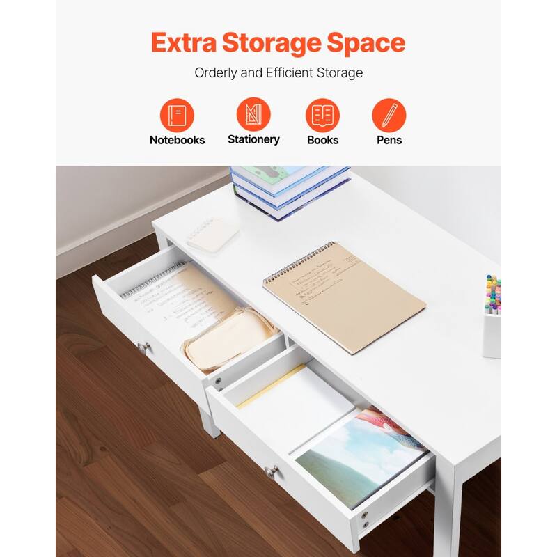 Compact White MDF Study Desk for Kids with 2 Drawers for Bedroom or School Use - 39.37” x 18.90” x 29.57”