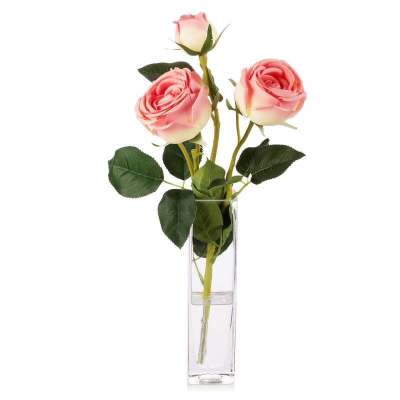 Enova Home Artificial Silk Rose Flower in Clear Glass Vase Faux Rose Flower with Vase For Home Office Decoration - N/A - Dark pink