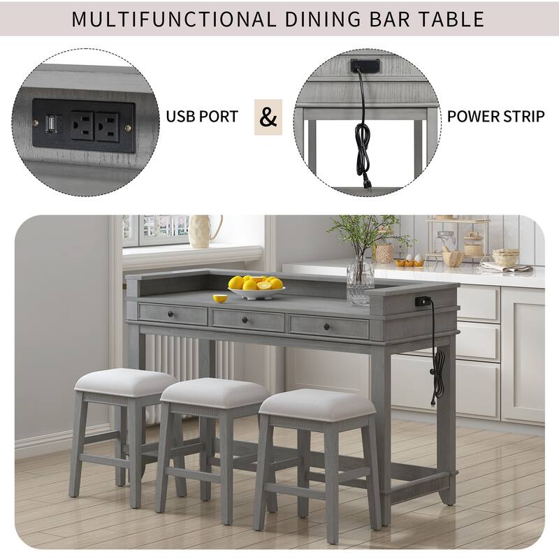 Roomfitters Kitchen Counter Height Bar Table Set, 3 Drawers, Pub Dining Furniture with Power Ports