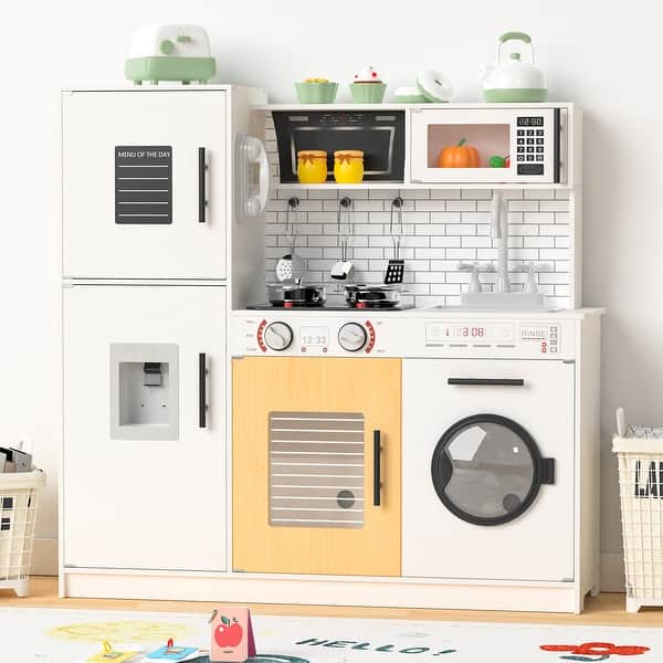slide 2 of 7, White Wooden Kitchen Playset for Kids, Children Pretend Toy Kitchen Set with Faucet, Oven, Microwave, Kitchenware