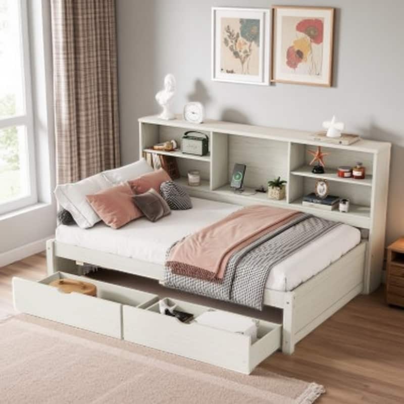 Twin Size Daybed with Built-in Bookcase, Two Storage Drawers, USB Charging Station, Creamy White Wood Frame - Creamy White