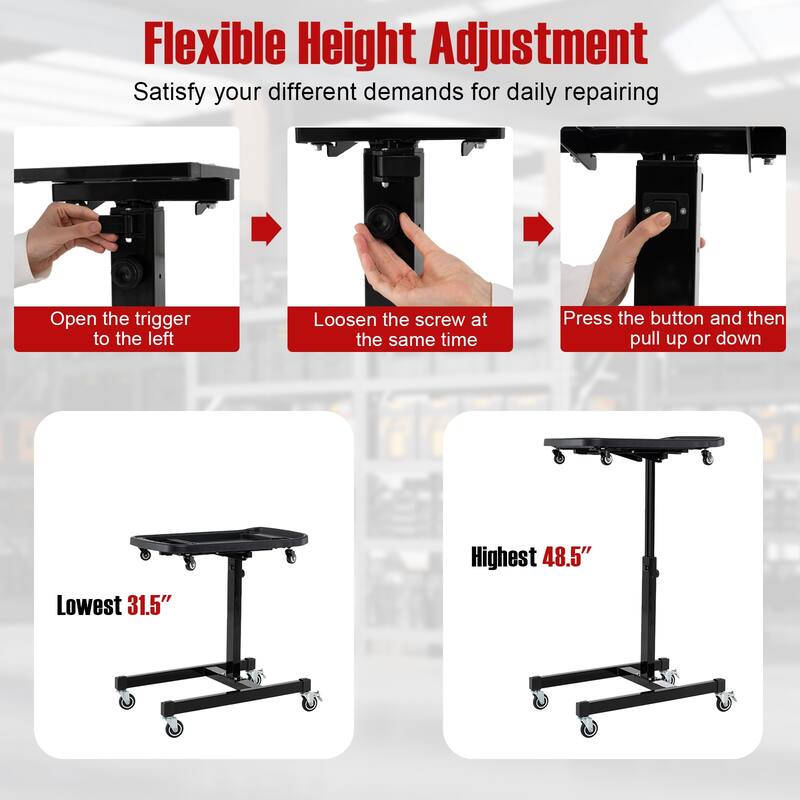 Black Metal Adjustable Tool Tray Cart with Casters and Removable Organizer - 30" L x 19" W x 31.5"-48.5" H