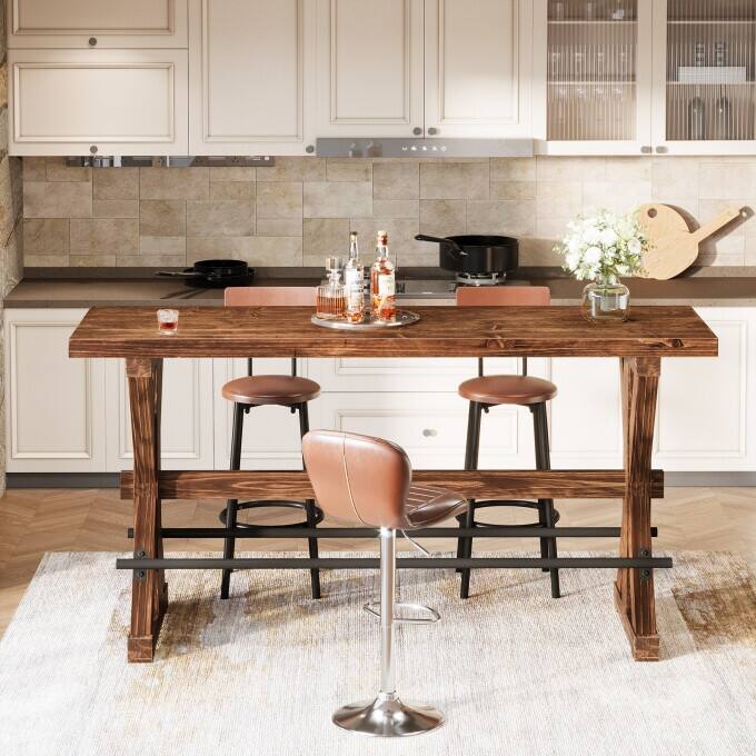 Farmhouse Solid Wood Counter Height Bar Table, 63" Tall Dining Table - N/A