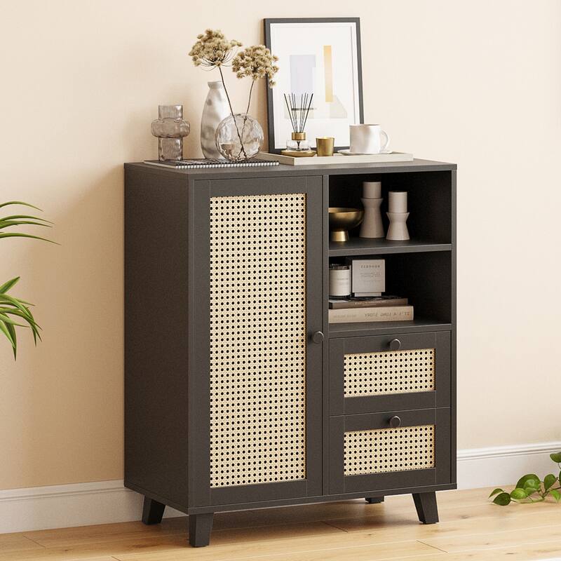 Rattan Buffet Cabinet with Adjustable Shelf, Sideboard with Drawers for Living Room, Kitchen, Entryway - Black