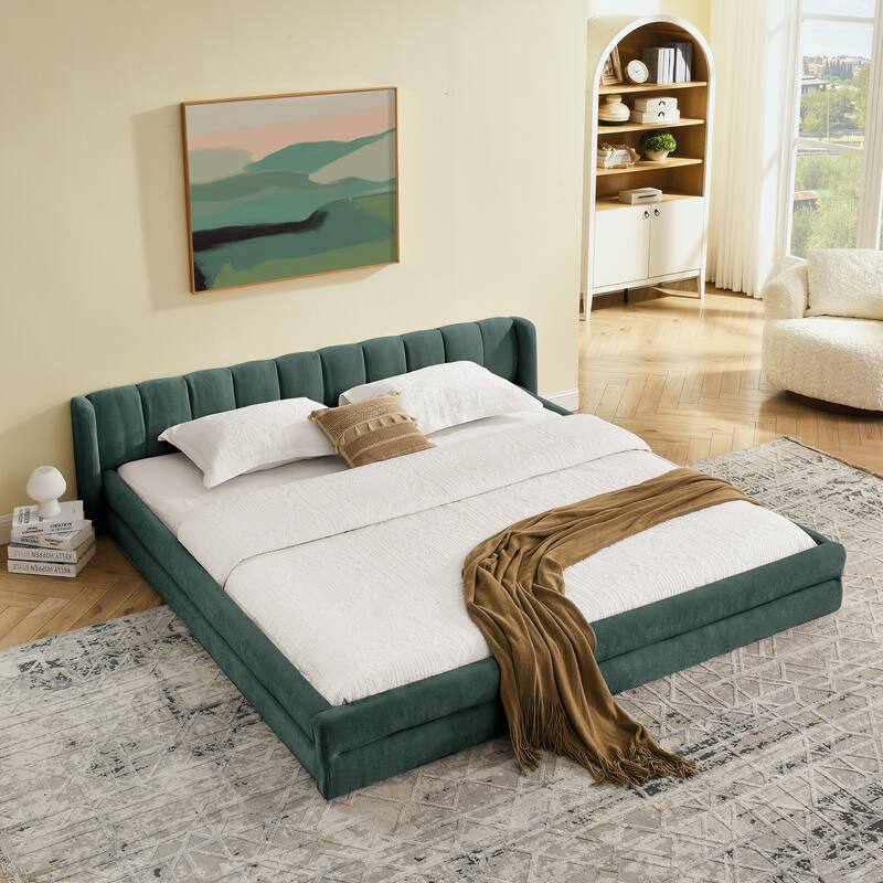 Chenille Fabric Upholstered Low Profile Platform Bed, Thick Fabric Frame Grounded Bed, Low Wingback Floor Bed - Blue Green - King