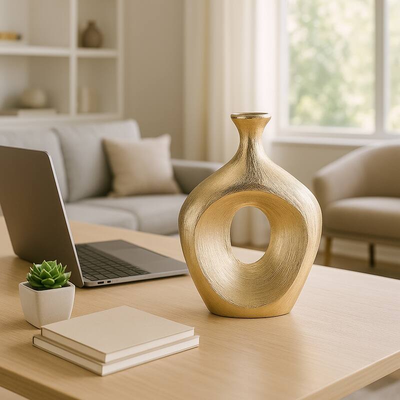 Modern Ceramic Textured Oval Cut-Out Vase - Home Decor - 13"