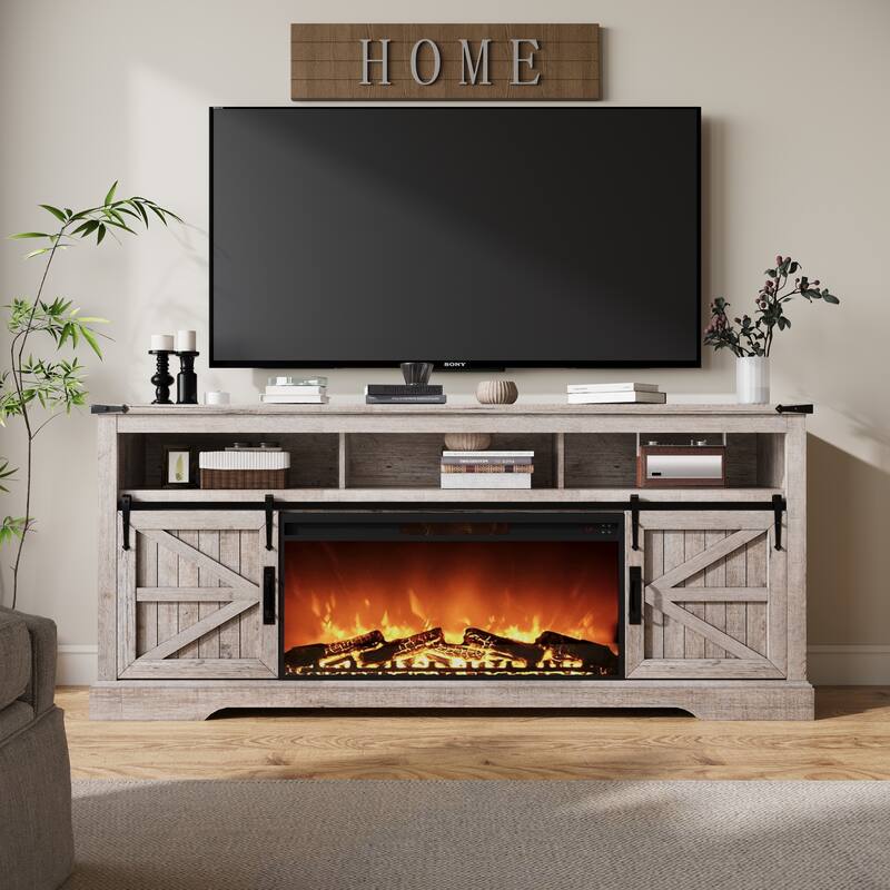 Fireplace TV Stand,Farmhouse Entertainment Center w/Sliding Barn Door - Grey