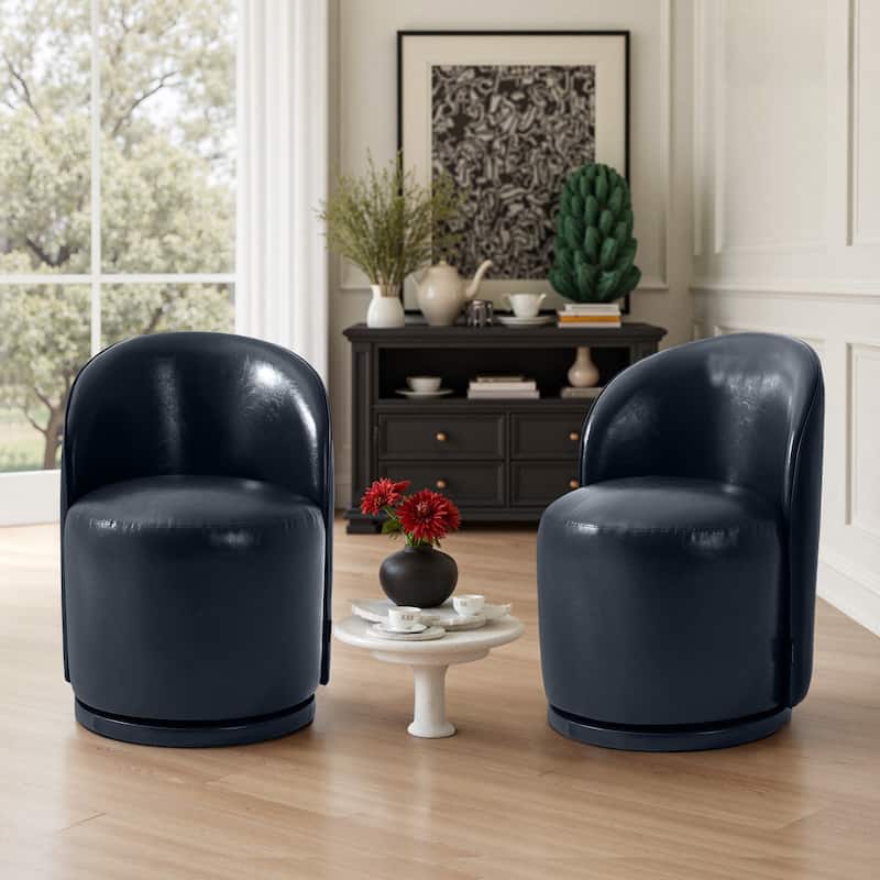 Modern Armless 360-Degree Swivel Dining Chair Barrel Chair - SET OF 2 - NAVY LEATHER