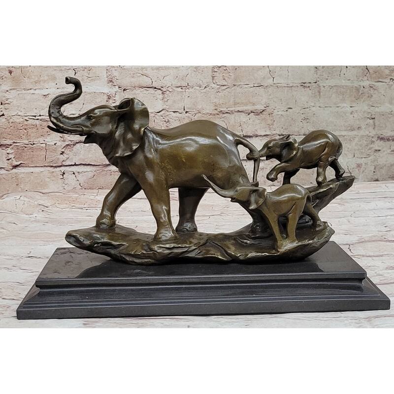 Mother Elephant And Baby Calf Bronze Statue Sculpture Original Art On Marble Base