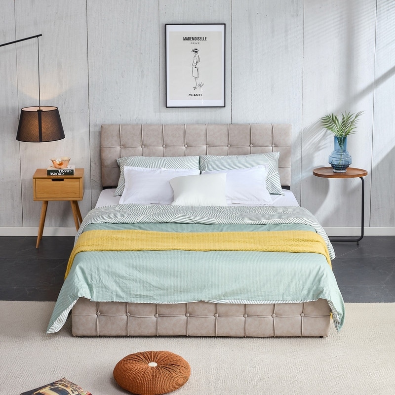 Queen Size Bed Frame Modern Vertical Panel Upholstered Low Profile
