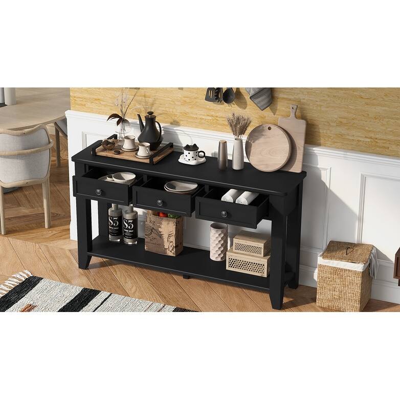 55.4" Modern Entryway Console Table With Three Storage Drawers,Sideboard With Poplar Legs And Metal Handles,Narrow Sofa Table