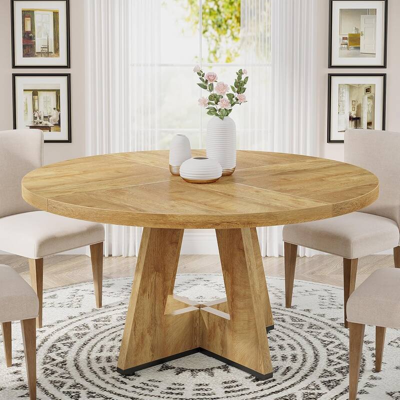 47" Round Wood Dining Table 4-Seater Farmhouse with Wooden Tabletop Cross Base for Dining Room/Kitchen