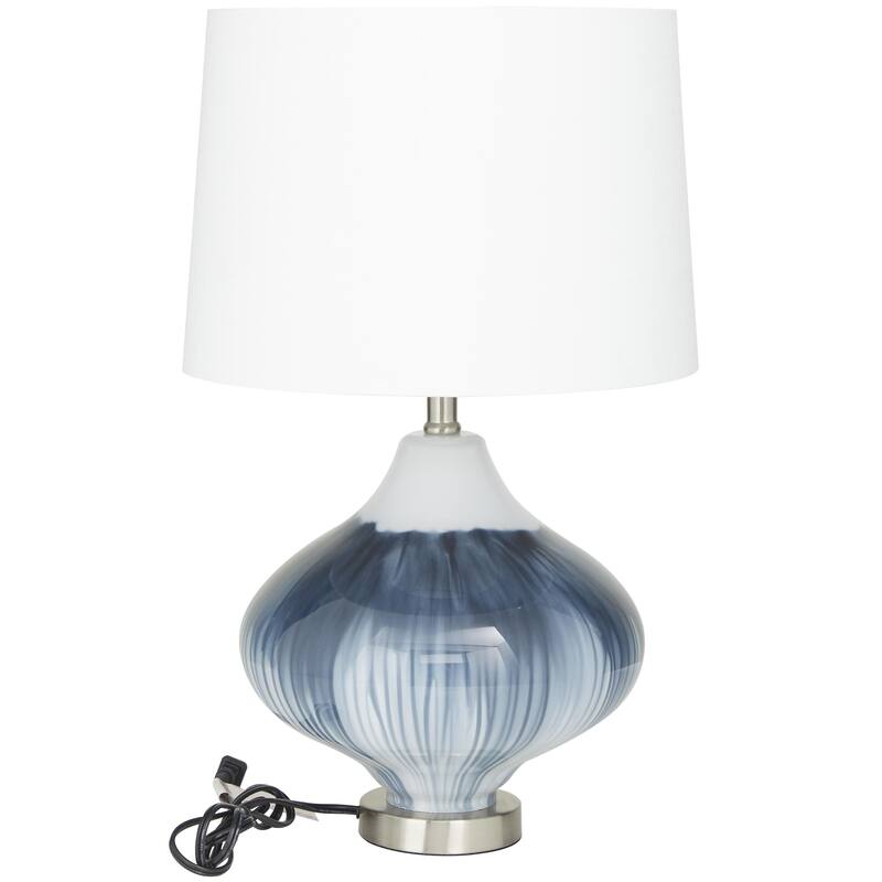 Glass Gourd Style Base Room Table Lamp with Drum Shade - Blue - Roche River Decor