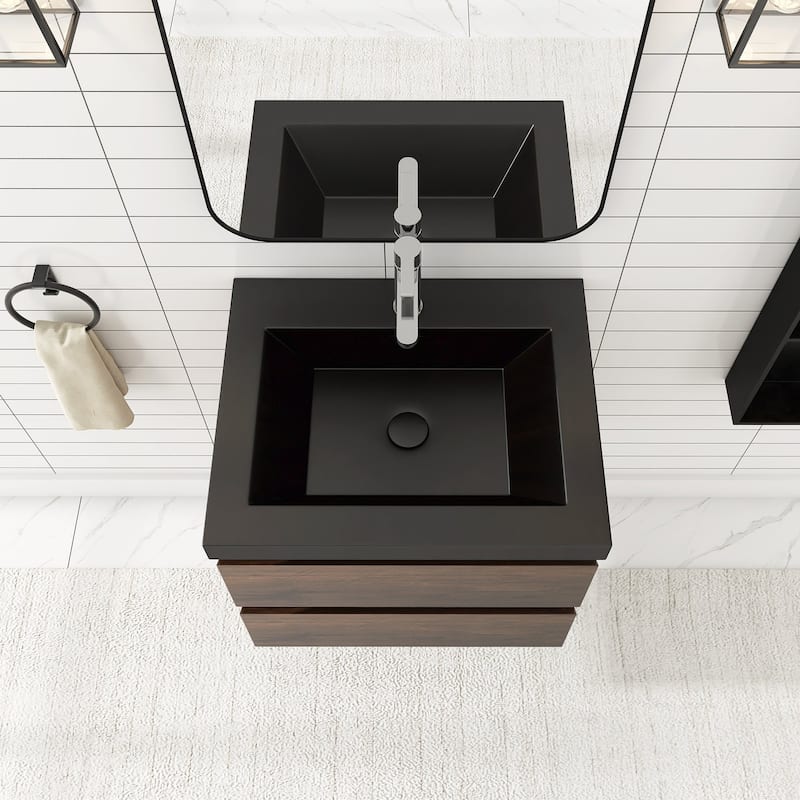 24/30/36 inch Wall-Mounted Bathroom Vanity Set in Rose Wood with Integrated Black Resin Sink