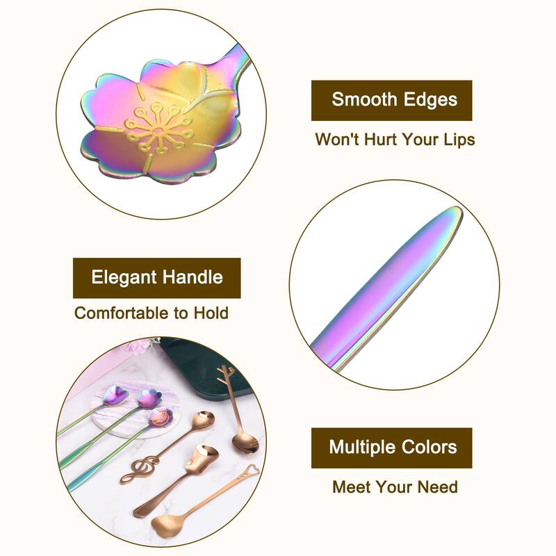 4Pcs 7" Stainless Steel Long Handle Flower Teaspoon Coffee Spoon, Colorful