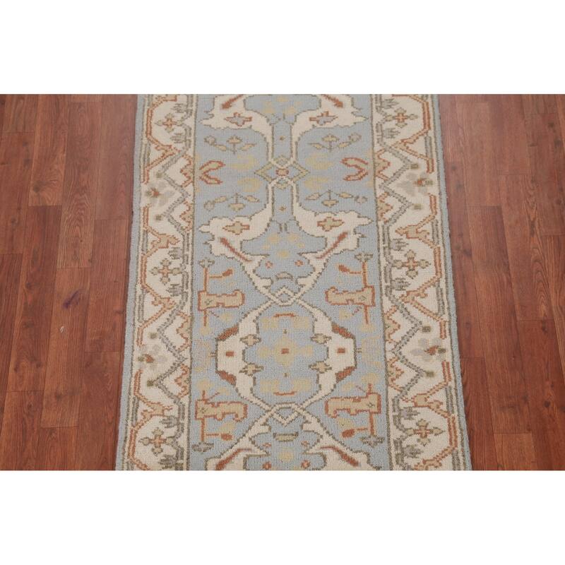 Light Blue Oushak Oriental Runner Rug Handmade Wool Carpet - 2'6" x 10'1"