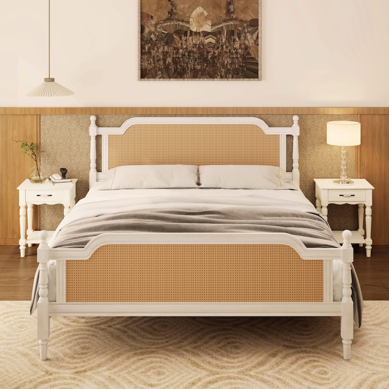 King Size Traditional Style Platform Bed with Rattan Headboard and Footboard for Bedroom - Antique White - King