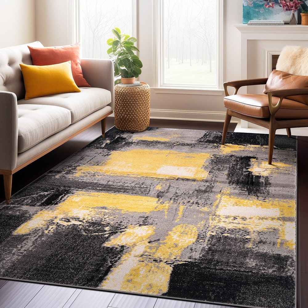World Rug Gallery Contemporary Abstract Watercolor Yellow Area Rug
