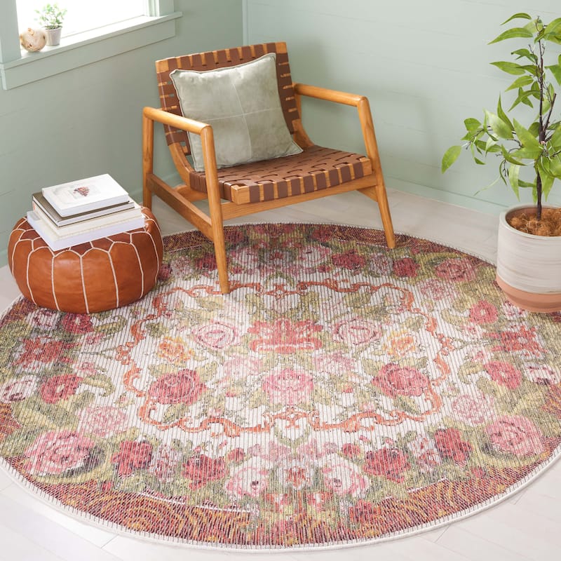 SAFAVIEH Besarabian Machine Washable Jyotsna French Country Rug - 6'7" Round - Ivory/Sage Rust