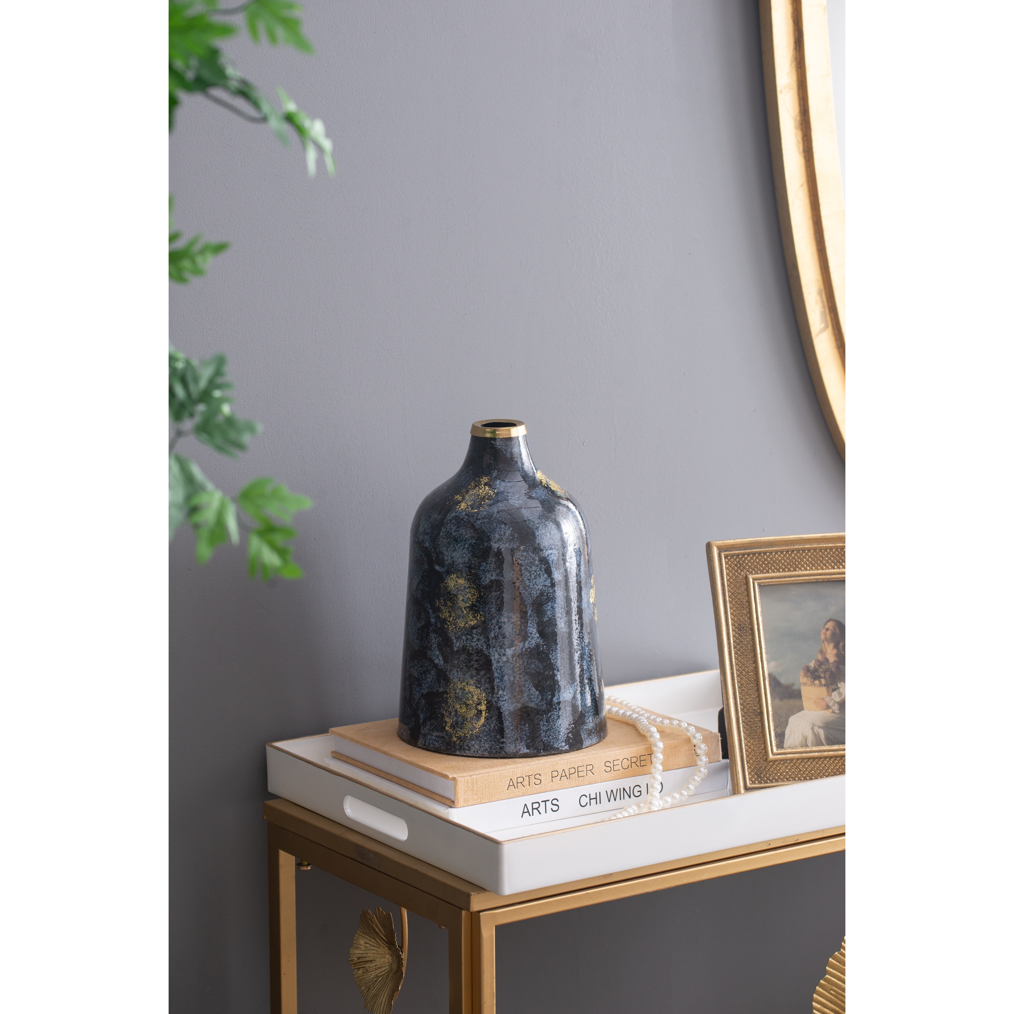 D6.7X10.2" Blue And Gold Decorative Glass Flower Vase