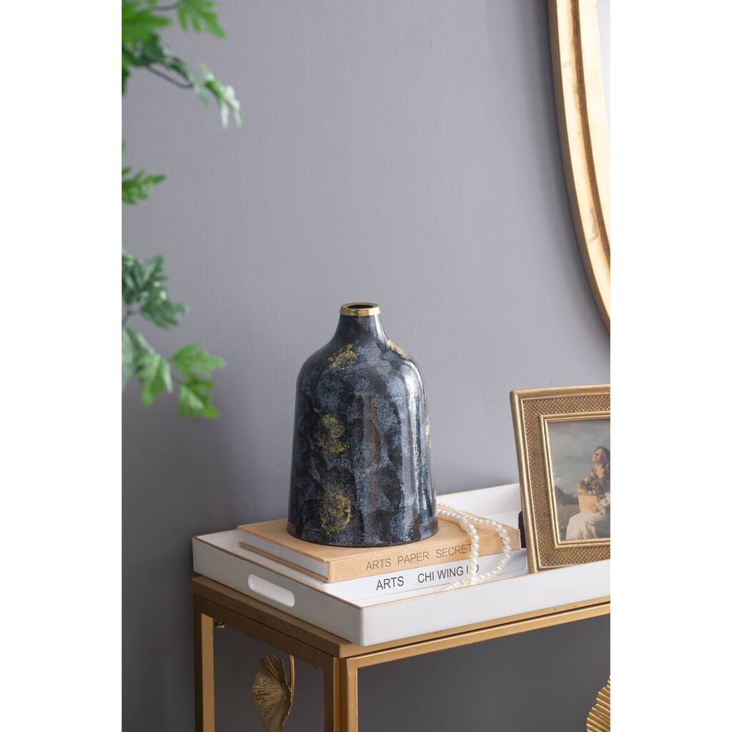 D6.7x10.2" Blue and Gold Decorative Glass Flower Vase