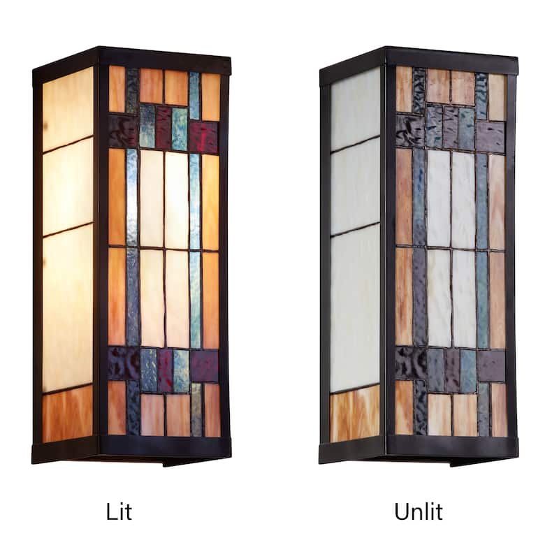 River of Goods Multicolor Stained Glass and Black Satin Rectangular 1-Light Outdoor Wall Sconce - 6.25" x 5.5" x 16.25"