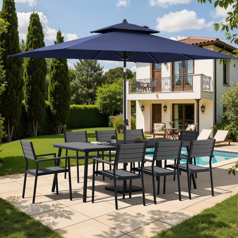 11-Piece Patio Dining Set w/10 ft Umbrella and Base, Rectangle Aluminum Table and 8 Stackable Chairs - Grey Table with Navy Blue Umbrella