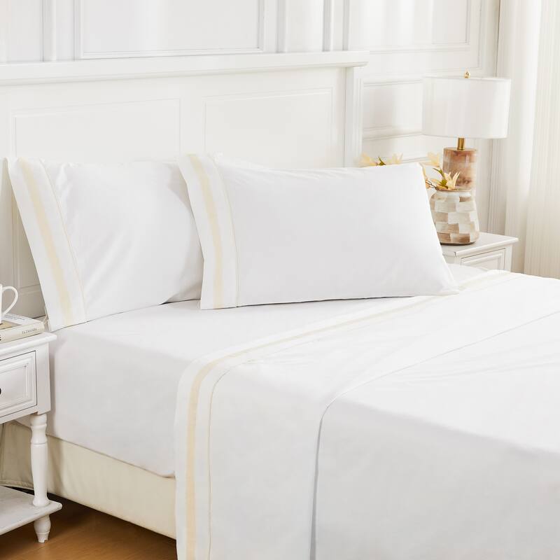 Percale Cotton Hotel Piping Embroidered Crisp Sheet Set