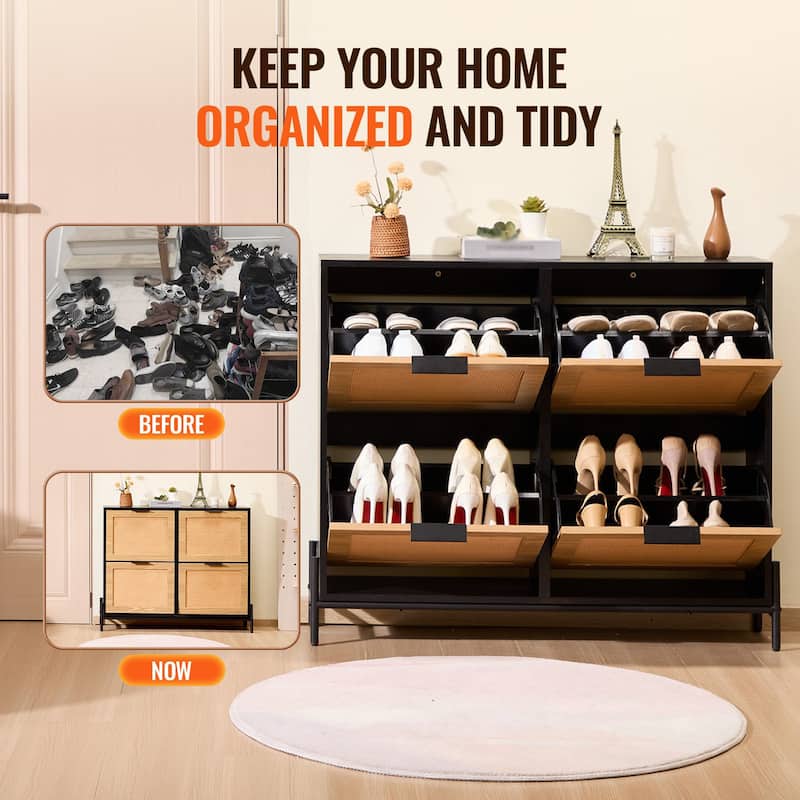 Slim Rattan Shoe Cabinet with Shelves and Drawers Wooden Entryway Organizer for Small Spaces - 40.94 x 9.45 x 34.65 inches