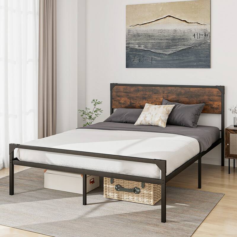 Costway Platform Full/Queen Bed with Rustic Headboard & Footboard