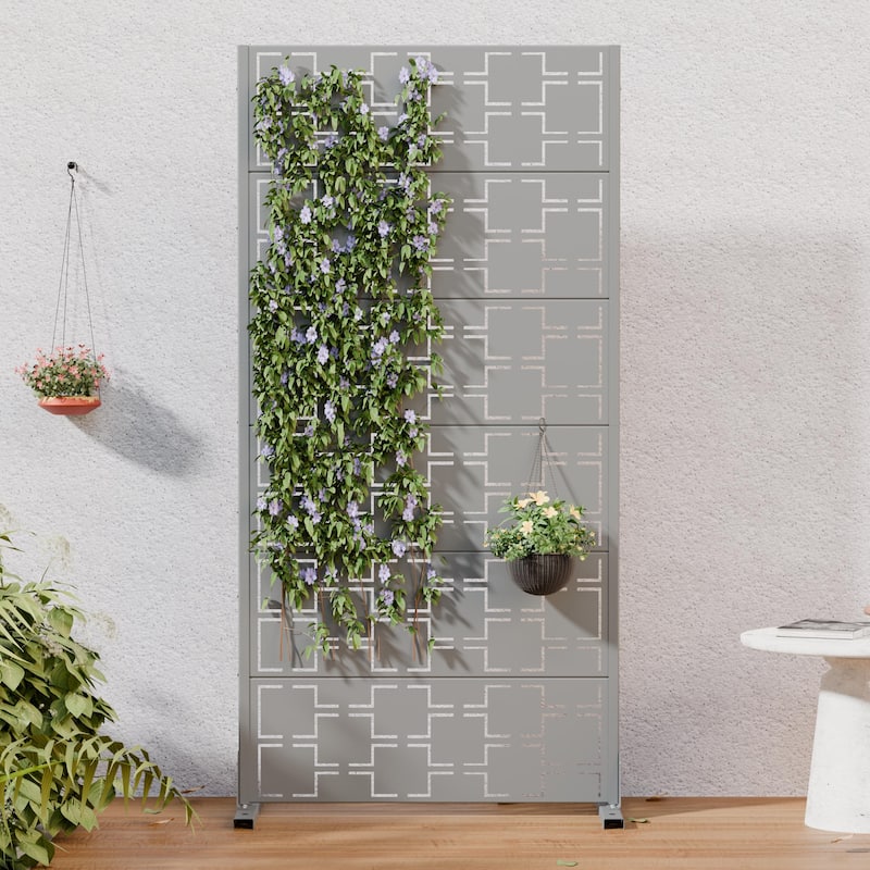 Modern Metal Privacy Screen Outdoor Decorative Partition with Stable Base Hanging Plant-Friendly Panel - 60"H x 30"W - Gray