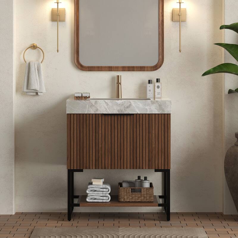 30" Bathroom Vanity & Sink, Freestanding Striped Plywood Storage Cabinet with Drawer & Open Shelf - Black,Dark Walnut