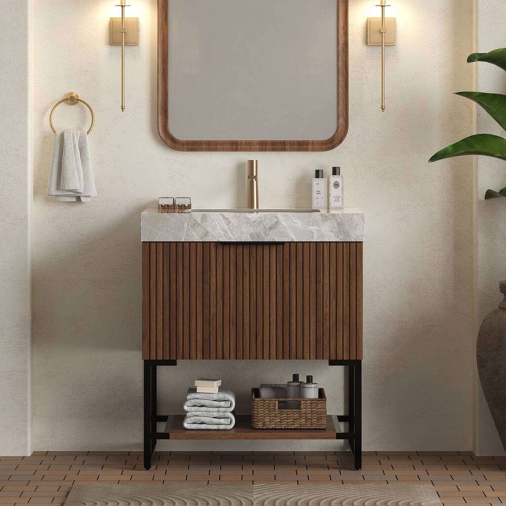 30" Bathroom Vanity & Sink, Freestanding Striped Plywood Storage Cabinet with Drawer & Open Shelf