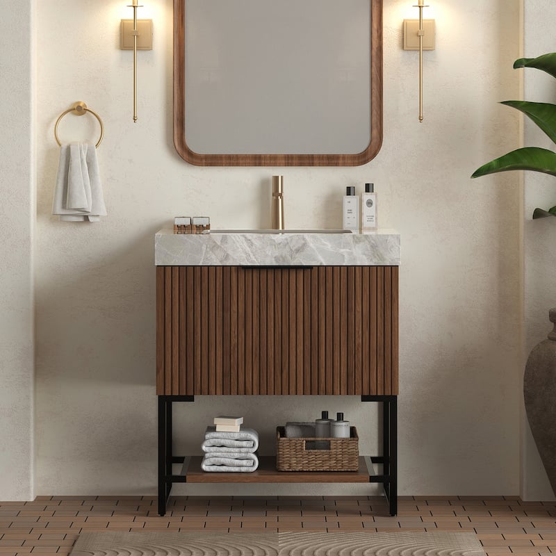 GDFStudio - Yolan Modern 30" Freestanding Bathroom Vanity with Striped Drawer, Open Shelf & Undermount Ceramic Basin - Dark Walnut