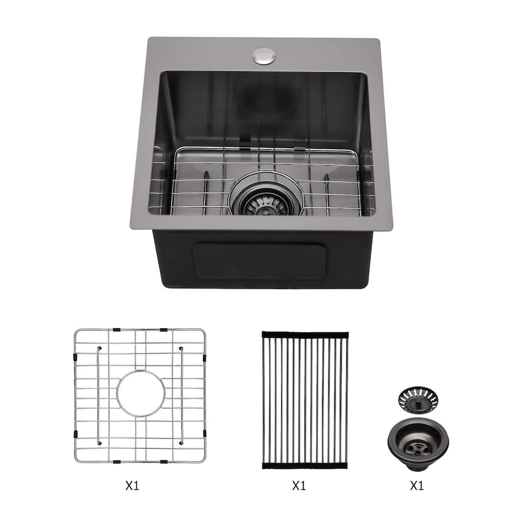 Drop in Kitchen Sink Gunmetal Black Topmount 16 Gauge Deep Single Bowl Stainless Steel Sink Basin
