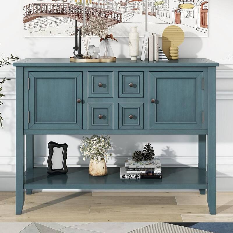 Elegant Storage Dresser with 4 Small Drawers and Bottom Shelf for Bedroom - Dark Blue