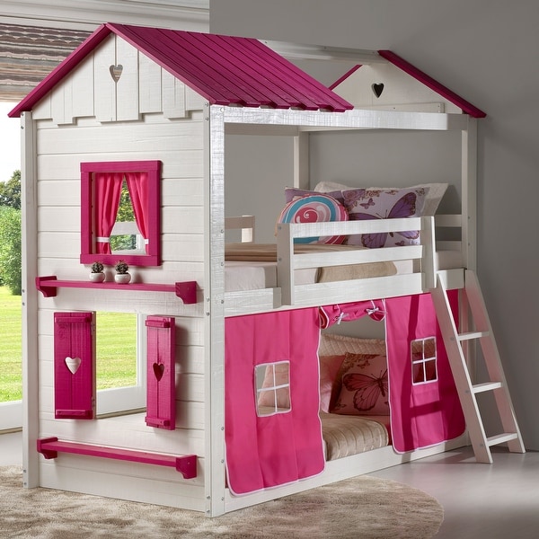 Sweetheart White and Pink Twin over Twin Bunk Bed with Tent. Opens flyout.
