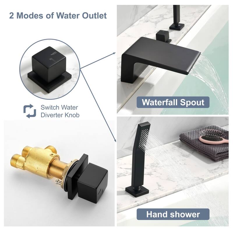 Waterfall Tub Faucet With Hand Shower Deck Mount Tub Filler With Sprayer Modern Bathtub Faucets Set With Diverter And Valve