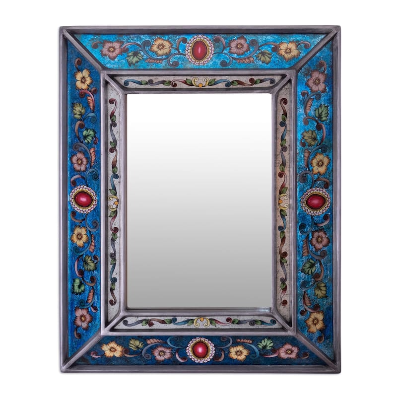 Novica Handmade Traditional Medallion Reverse-Painted Glass Wall Mirror - Blue