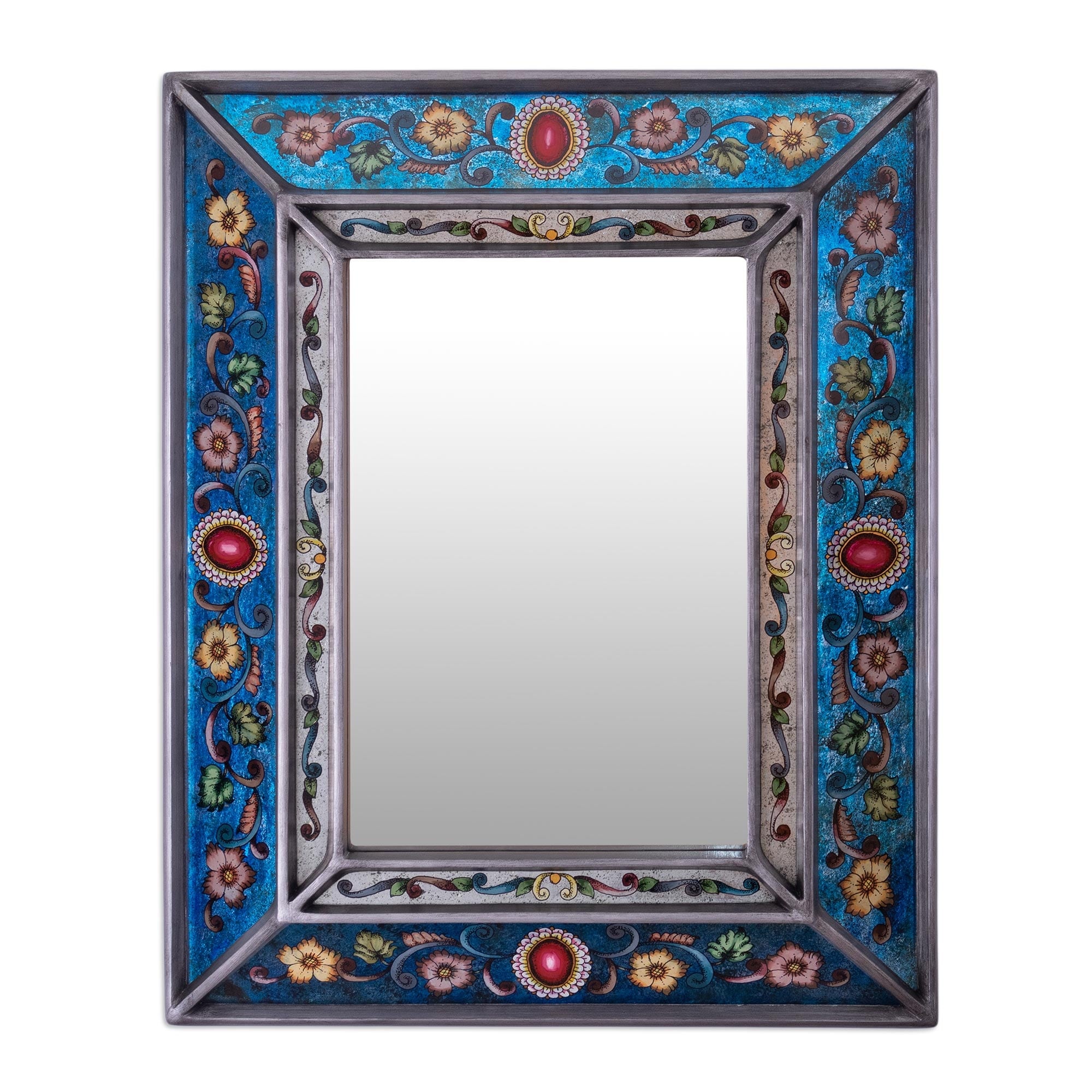 Novica Handmade Traditional Medallion Reverse-Painted Glass Wall Mirror