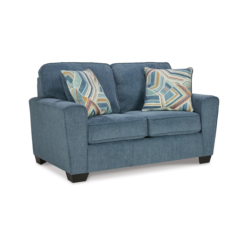 Caten 63 Inch Loveseat, Transitional Polyester, 2 Pillows, Muted Blue
