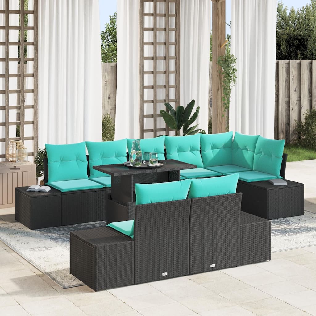 vidaXL 9 Piece Garden Sofa Set with Cushions Black Poly Rattan - 125.6×60.6×27.2