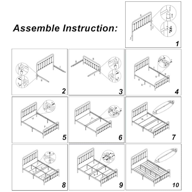 Metal Bed Frame Queen Size Platform No Box Spring Needed with Vintage Headboard and Footboard Premium Steel Slat Support
