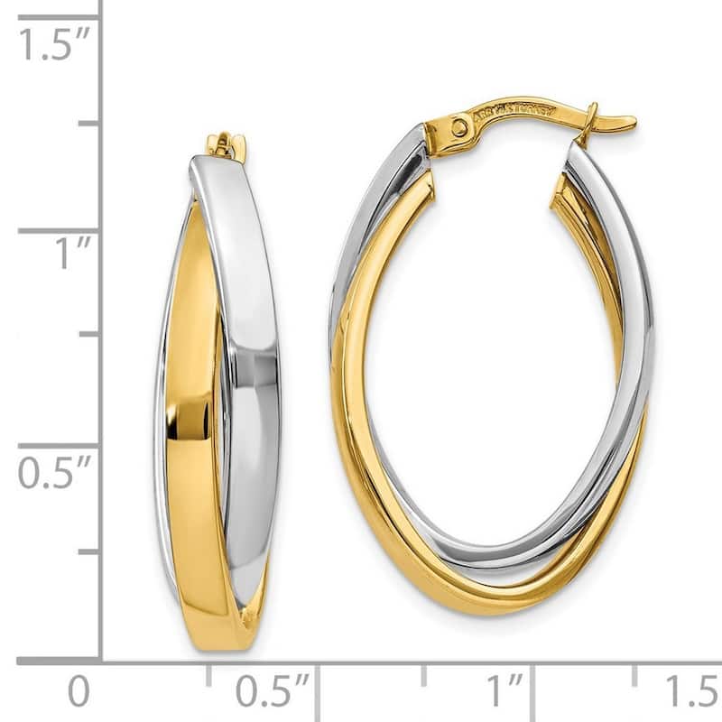 Curata 14K Two Tone Polished Tube Gold Oval Hoop Earrings (7mm x 14mm)