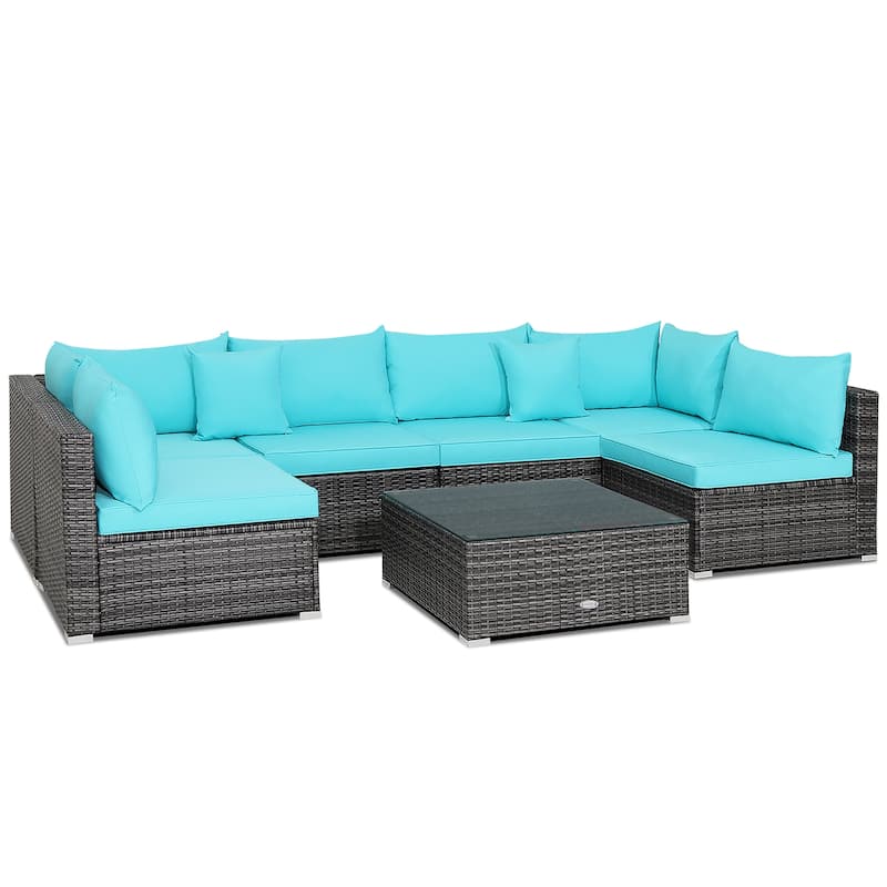 7PCS Patio Rattan Furniture Set Sectional Sofa Cushioned Garden - Turquoise
