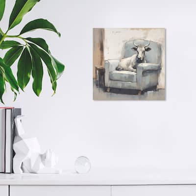 Wynwood Studio Canvas Animals Cow in the Armchair Gray and Farmhouse Wall Art Canvas Print